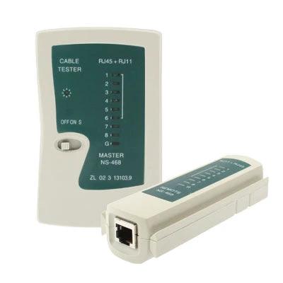 RJ45 and RJ11 Network Cable Tester for Ethernet Wiring Checks handheld tester showing master unit and remote for verifying cable continuity