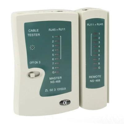 RJ45 and RJ11 Network Cable Tester for Ethernet Wiring Checks white handheld tester with master and remote units