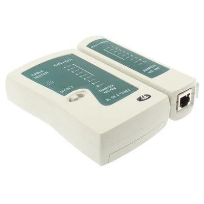 RJ45 and RJ11 Network Cable Tester for Ethernet Wiring Checks showing main unit and remote tester for wiring continuity and pin mapping