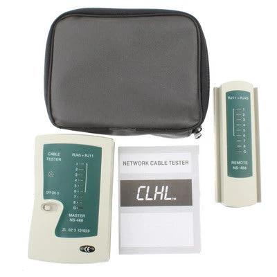 RJ45 and RJ11 Network Cable Tester for Ethernet Wiring Checks portable kit with main unit, remote, manual and carrying case