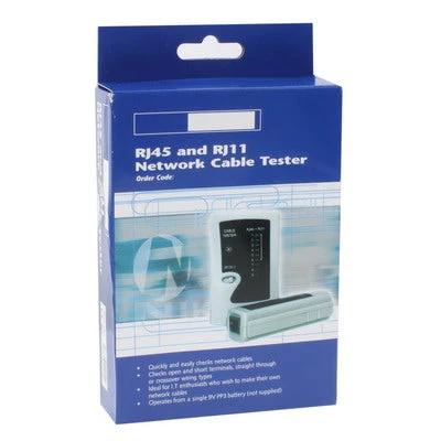 RJ45 and RJ11 Network Cable Tester for Ethernet Wiring Checks - compact handheld tester for verifying Ethernet and phone line connections