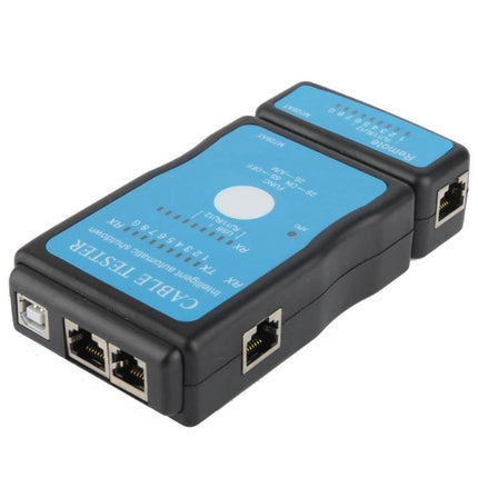 Multifunction Cable Tester for USB, RJ45, and RJ11 Connections handheld unit showing RJ45 and USB ports for network and cable troubleshooting