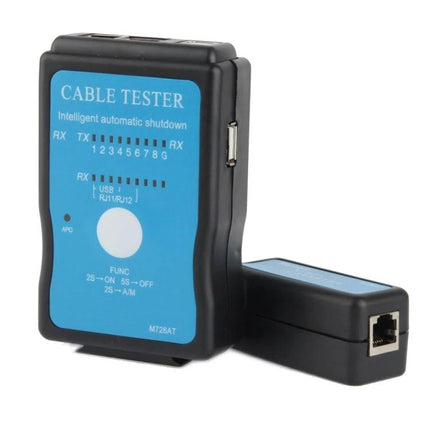 Multifunction Cable Tester for USB, RJ45, and RJ11 Connections handheld tester showing LED indicators and RJ45 jack for network and USB cable diagnostics