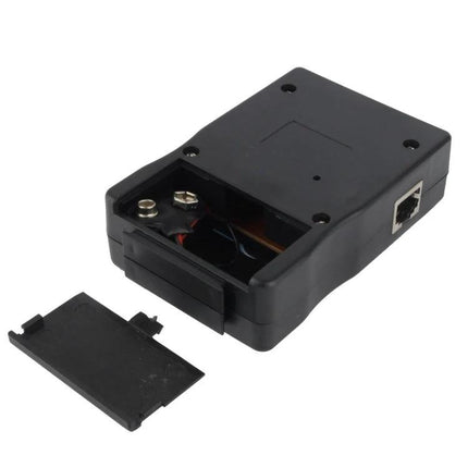 Multifunction Cable Tester for USB, RJ45, and RJ11 Connections showing open battery compartment and RJ45 port