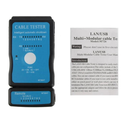 Multifunction Cable Tester for USB, RJ45, and RJ11 Connections - handheld tester with remote unit and manual for IT technicians