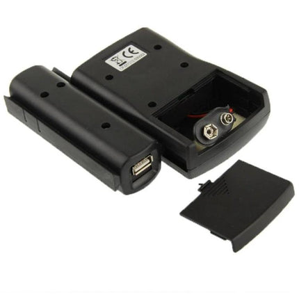 RJ45 and RJ11 Network Cable Tester for Easy Cable Checks - compact black tester with removable battery cover and remote unit shown