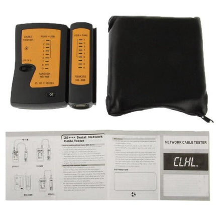 RJ45 and RJ11 Network Cable Tester for Easy Cable Checks - handheld tester with remote unit, pouch and instruction manual