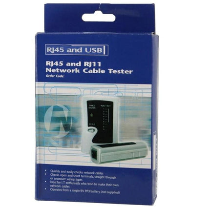 RJ45 and RJ11 Network Cable Tester for Easy Cable Checks handheld tester in blue retail packaging showing main unit and remote