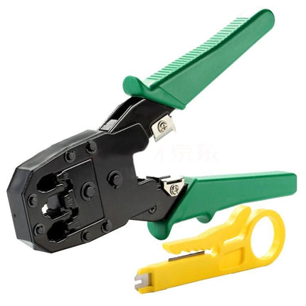 Versatile Crimping Tool for Network and Telephone Cables – green-handled crimper with yellow cable stripper for cutting, stripping and crimping RJ45 RJ11 cables