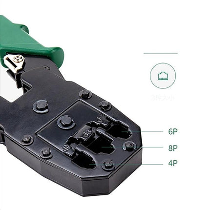 Versatile Crimping Tool for Network and Telephone Cables - metal crimper showing 4P 6P 8P die for Ethernet and phone cable assembly