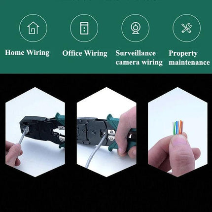 Versatile Crimping Tool for Network and Telephone Cables shown crimping, cutting and stripping Ethernet/telephone cable for home and office wiring