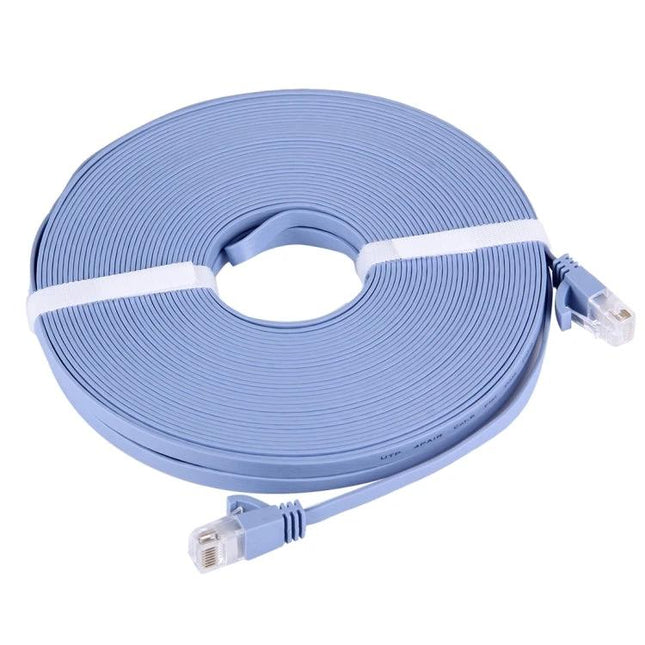 20m Blue CAT6 Ultra-Thin Flat Ethernet Cable for Networking neatly coiled blue flat CAT6 cable with RJ45 connectors for home or office