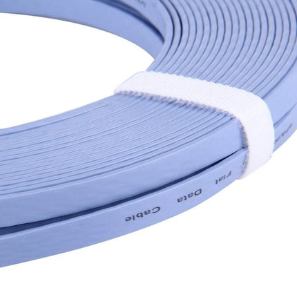 20m Blue CAT6 Ultra-Thin Flat Ethernet Cable for Networking coiled blue flat cable with white strap for tidy under-carpet or along-wall installs