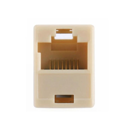 RJ45 Female to Female Coupler for Extending LAN Cables white plastic inline adapter showing internal gold contacts