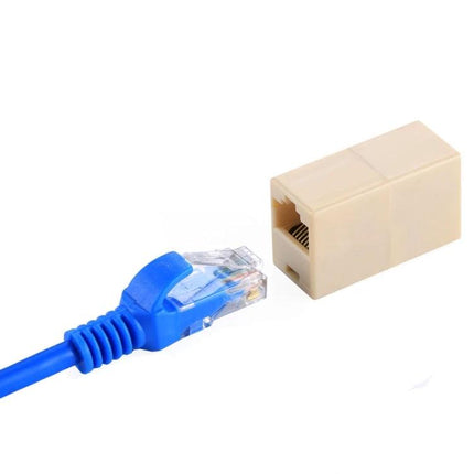 RJ45 Female to Female Coupler for Extending LAN Cables - beige inline adapter connecting two Ethernet cables for quick LAN extension
