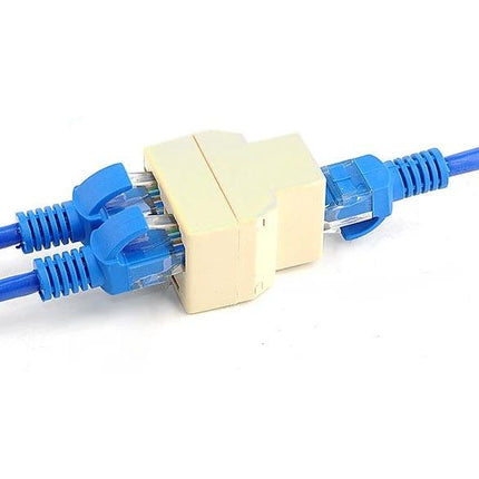 RJ45 1x2 Ethernet Splitter for Sharing Network Connections — beige inline RJ45 splitter connecting two blue Ethernet cables