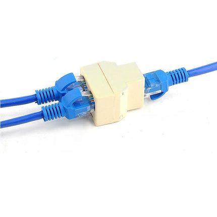 RJ45 1x2 Ethernet Splitter for Sharing Network Connections - beige inline RJ45 splitter connecting two blue Ethernet cables