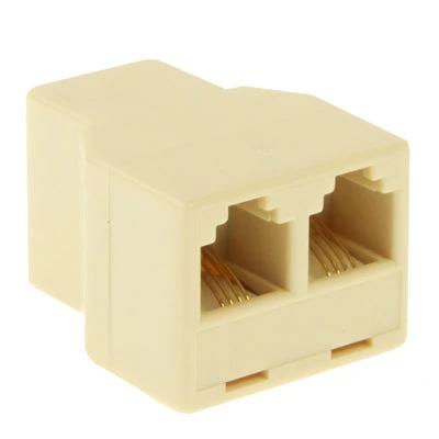 RJ11 Phone Splitter for Connecting Two Devices to One Jack - beige T-adapter with one male plug to two female RJ11 ports for telephone and fax