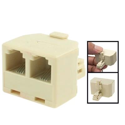 RJ11 Male to Two Female Adapter for Telephone and Modem Use - beige 1-to-2 line splitter showing front ports and inset installation views