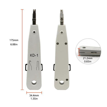 Multi-Functional Insertion Tool for Network and Telephone Sockets white KD-1 punch down tool with measurements 175mm, 34.4mm, 21.2mm