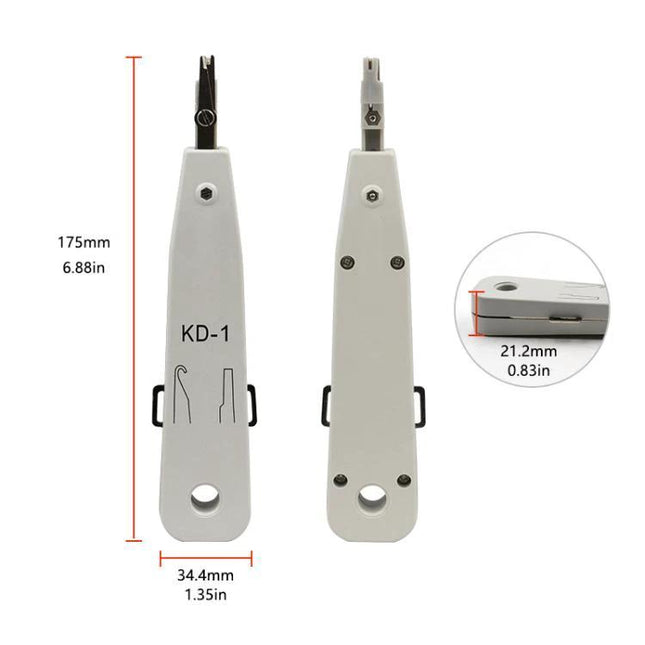 Multi-Functional Insertion Tool for Network and Telephone Sockets white KD-1 punch down tool with measurements 175mm, 34.4mm, 21.2mm