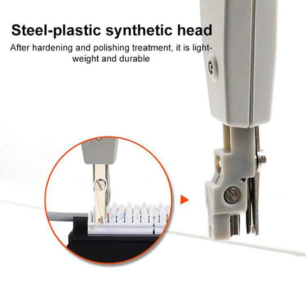 Multi-Functional Insertion Tool for Network and Telephone Sockets showing steel-plastic head inserting wires into a keystone punchdown block