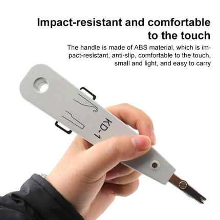 Multi-Functional Insertion Tool for Network and Telephone Sockets held in hand demonstrating impact-resistant ABS handle and insertion tip