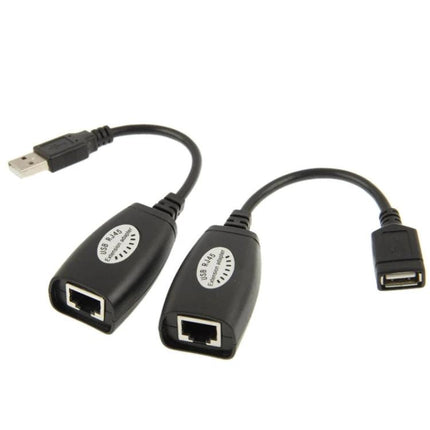 USB Extender Cable for 50 Meters via Cat5e RJ45 Port – pair of black USB-to-RJ45 extender adapters for cameras, printers, keyboards (up to 150 ft)