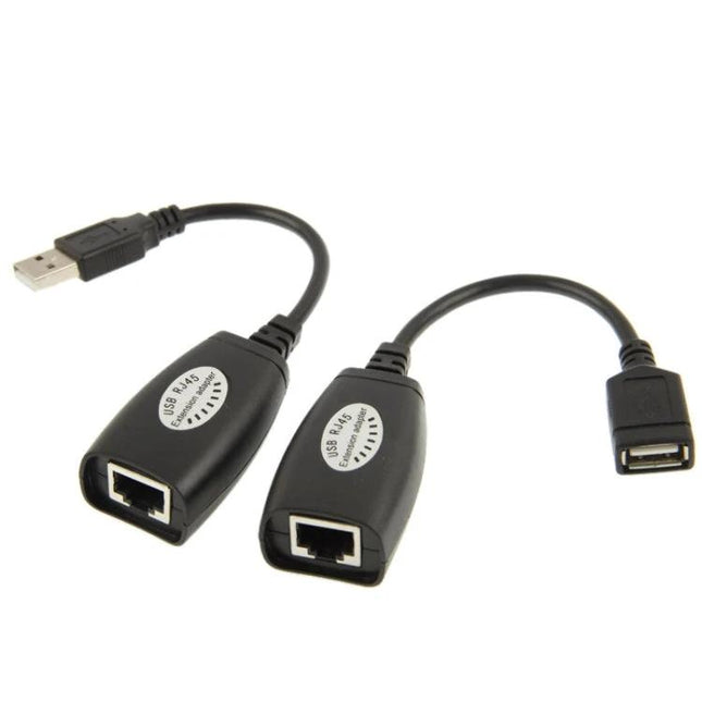 USB Extender Cable for 50 Meters via Cat5e RJ45 Port – pair of black USB-to-RJ45 extender adapters for cameras, printers, keyboards (up to 150 ft)