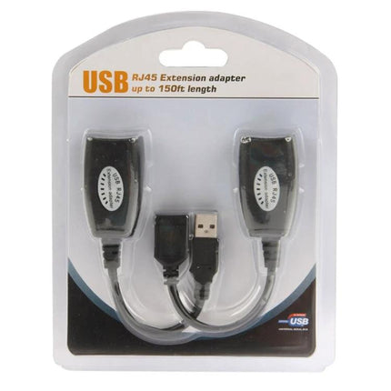USB Extender Cable for 50 Meters via Cat5e RJ45 Port - packaged USB to RJ45 extender for cameras, printers and keyboards up to 150ft