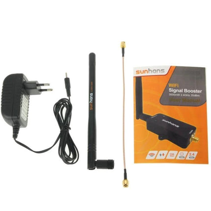 Sunhans 2.4GHz WiFi Signal Booster for Home Networks - antenna, power adapter and manual laid out