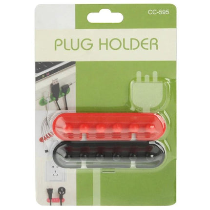 Adhesive Plastic Holder for Organizing Cable Plugs, Pair - red and black plug holders on retail card for wall outlet cable organization