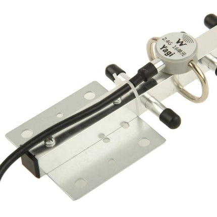 Directional Yagi Antenna for Wireless Network Signal Enhancement - silver Yagi mounted with coax cable and mounting bracket