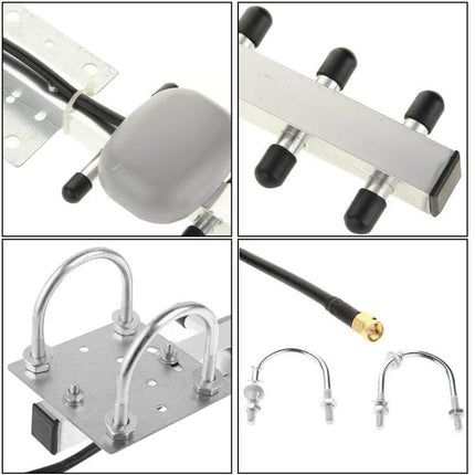 Directional Yagi Antenna for 4G LTE Signal Reception and Use - quad image showing antenna elements, coax connector, mounting bracket and U-bolts