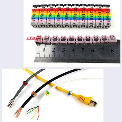 Pack of 100 Colorful Labels for RJ45, RJ11 and RJ12 Cables - multicolor numbered soft P.P. cable markers for 4-6mm network and phone cables