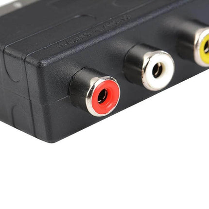 SCART Adapter for RCA AV Input on TVs and Devices - close-up of red, white, yellow RCA female jacks on black adapter