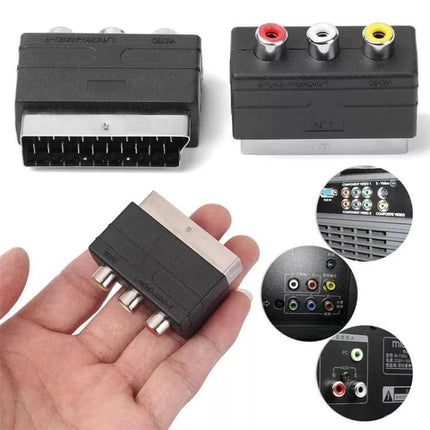 SCART Adapter for RCA AV Input on TVs and Devices black SCART-to-RCA converter showing connectors and hand-held size