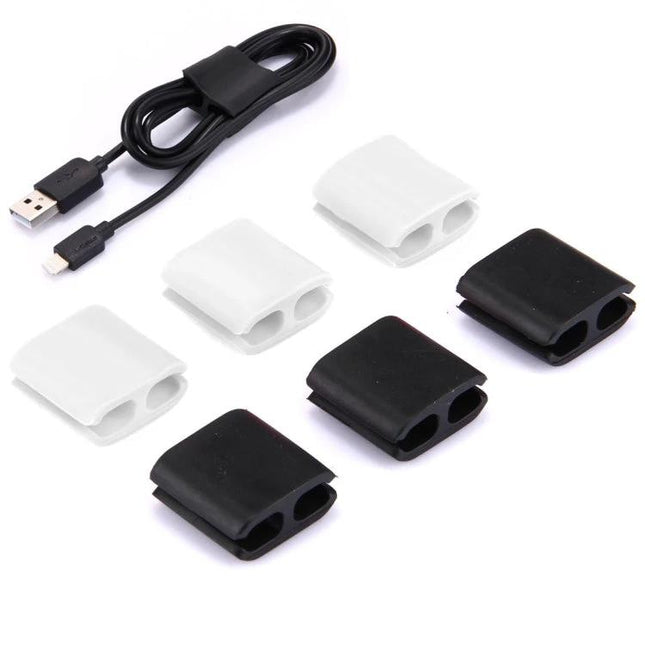Silicone Cable Clips for Organizing Home and Office Wires, 6 Pack - black and white silicone wire organizers holding USB cable
