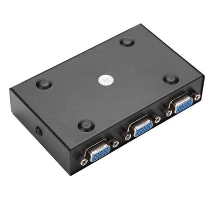 Manual VGA Switch Box for Sharing One Monitor with Two Computers black metal unit with three VGA female ports