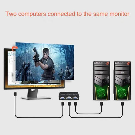 Manual VGA Switch Box for Sharing One Monitor with Two Computers showing two PCs connected to one monitor via VGA switch