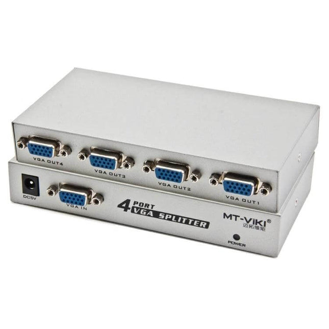 VGA Splitter with Four Output Ports for Multiple Monitor Connections - silver 4-port VGA splitter box for duplicating one VGA source to four monitors