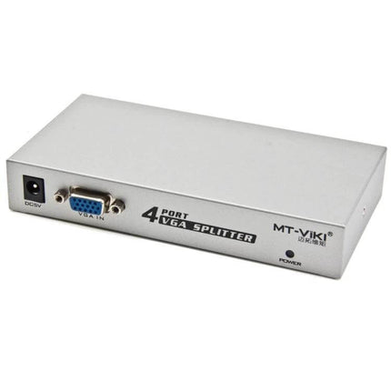 VGA Splitter with Four Output Ports for Multiple Monitor Connections - compact silver 4-port VGA splitter for duplicating one source to four displays