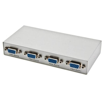VGA Splitter with Four Output Ports for Multiple Monitor Connections - metal box with four VGA output ports for duplicating a single video source