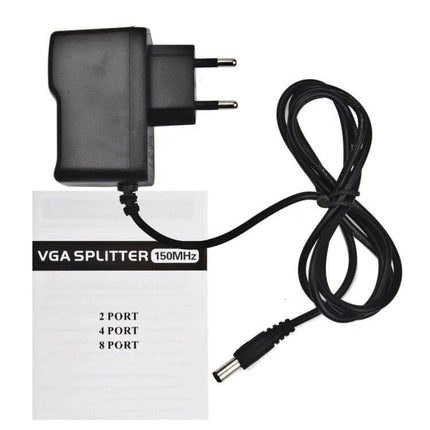 VGA Splitter with Four Output Ports for Multiple Monitor Connections - black power adapter and cable shown with manual