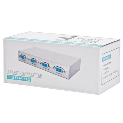 VGA Splitter with Four Output Ports for Multiple Monitor Connections - 4-port VGA splitter box showing four VGA outputs for office presentations and gaming