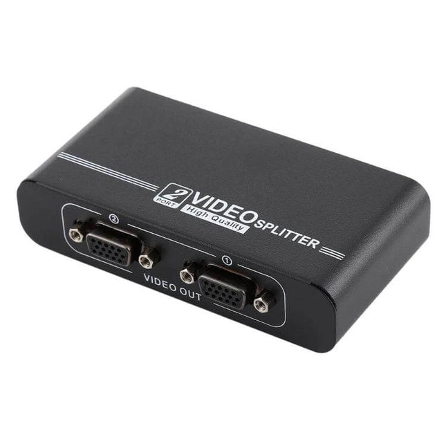 VGA Splitter for Connecting One Source to Two Displays — black 2-port VGA video splitter for duplicating monitor signal