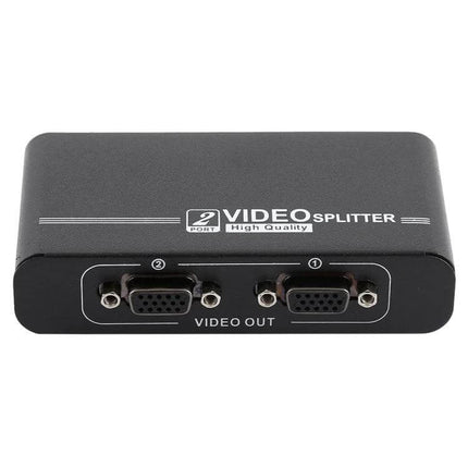 VGA Splitter for Connecting One Source to Two Displays – black 2-port VGA video splitter box for duplicating monitor signal with high 550MHz bandwidth