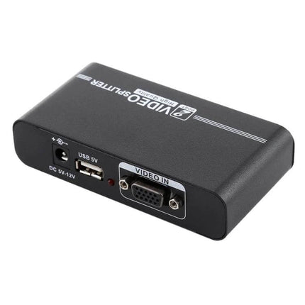 VGA Splitter for Connecting One Source to Two Displays compact black metal unit with VGA video in and USB 5V power port