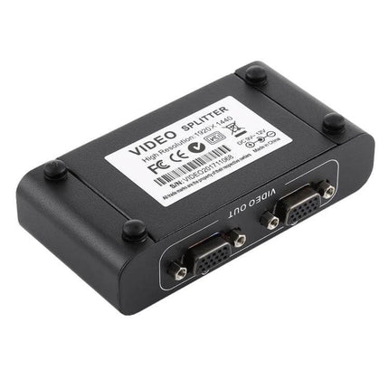 VGA Splitter for Connecting One Source to Two Displays – black VGA video splitter with dual VGA outputs, high 550MHz bandwidth, duplicate one source to two monitors