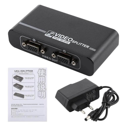 VGA Splitter for Connecting One Source to Two Displays - compact 2‑port VGA splitter with power adapter and manual